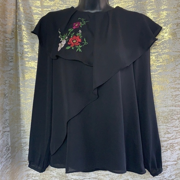 Zara Black Floral Embroidered Asymmetrical Ruffle Boho Blouse Size XS - Picture 6 of 16